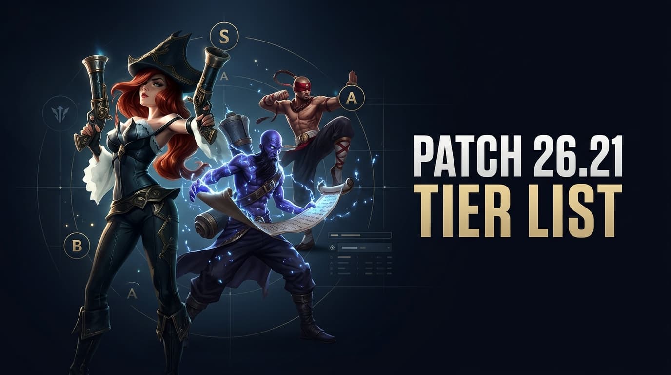 League of Legends Patch 26.21 tier list with champion portraits for every role